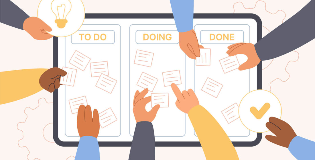 Kanban method of task and project planning and management. Human hands sticking notes and memo stickers on whiteboard, daily process of collaboration and team integration cartoon vector illustration